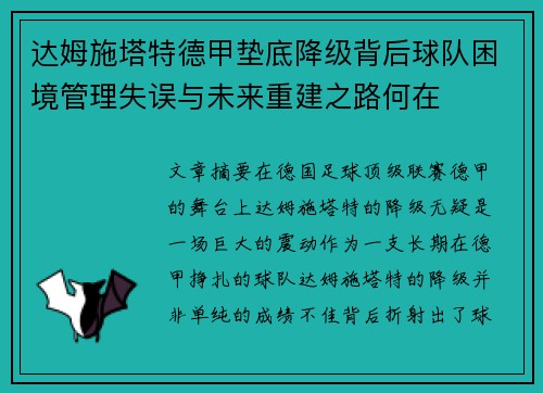 达姆施塔特德甲垫底降级背后球队困境管理失误与未来重建之路何在